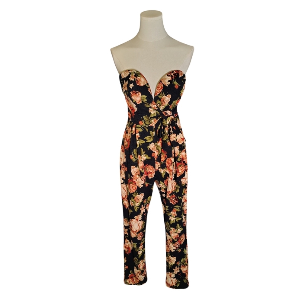 Trac Black Pink Green Rose Floral Strapless Scalloped Plunging Romper Size Small